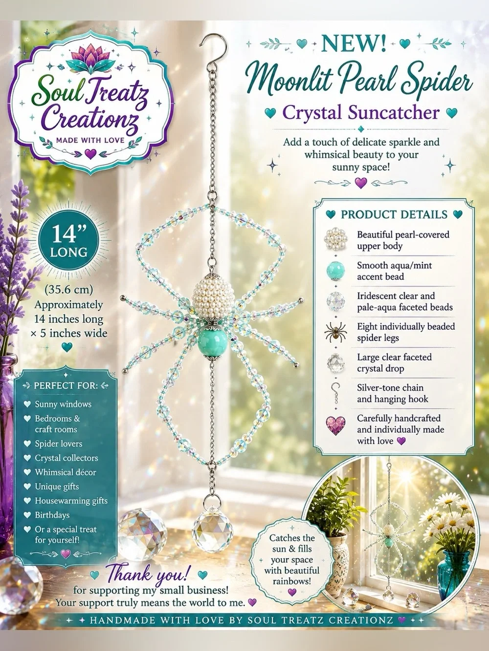 Soul Treatz Creations Aqua Beaded Spider Wall Suncatcher